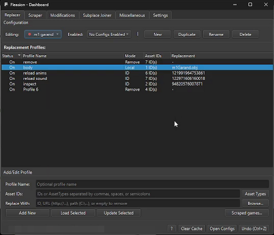 The Fleasion dashboard with a body profile in Local mode, replacing an asset with an m1Garand.obj custom model file