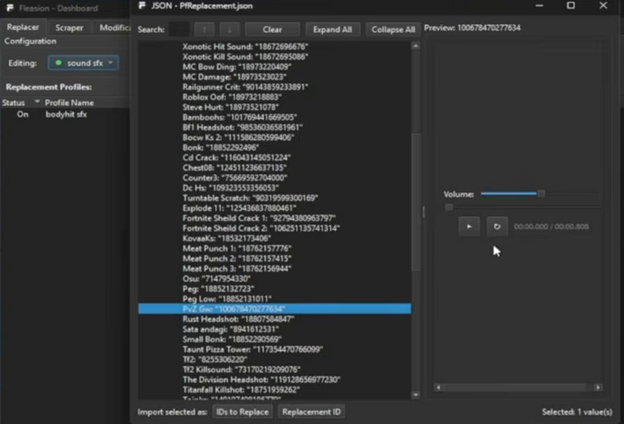 The Fleasion JSON viewer showing a library of named custom sounds with asset IDs, next to the built-in audio player for previewing them