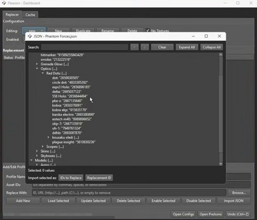 The Phantom Forces preset opened in the Fleasion dashboard, showing its asset tree — optics, scopes, skins, skyboxes, models and arms