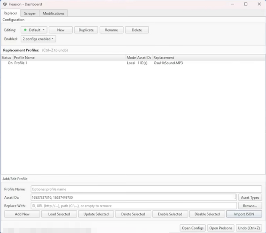 A hit-sound replacement profile in the Fleasion dashboard, set to Local mode and pointing a body-hit asset ID at an OsuHitSound.MP3 file