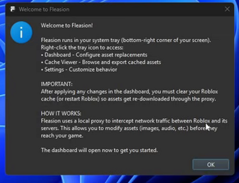 The Welcome to Fleasion dialog on first launch, explaining the system tray, the clear-cache step, and how the proxy works