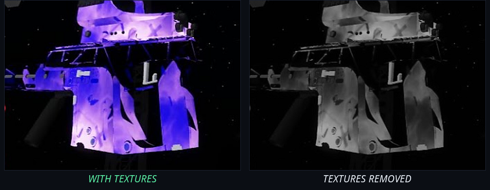 The same Roblox weapon with its texture on the left and with textures removed on the right, showing the flat high-contrast no-textures look